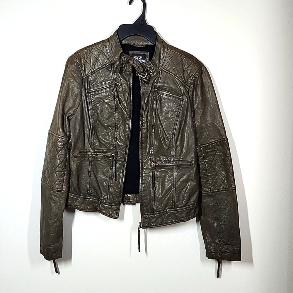 Blanc Noir Brown Genuine Leather Moto Style Jacket Buckles Zippers Detail Quiltd